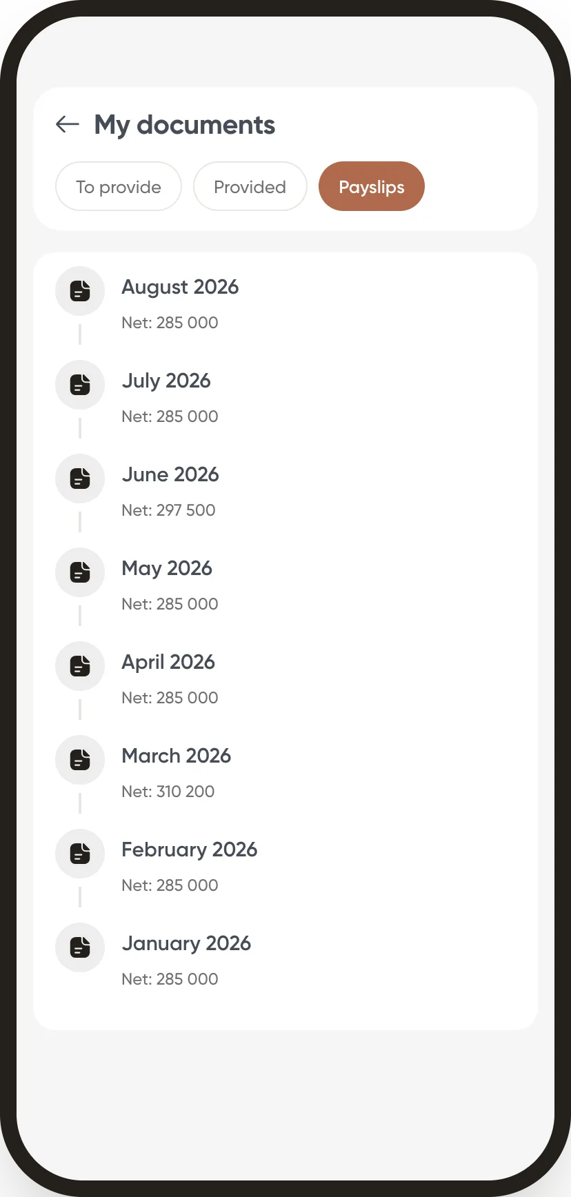 Weplanify: I upload my documents and find my payslips