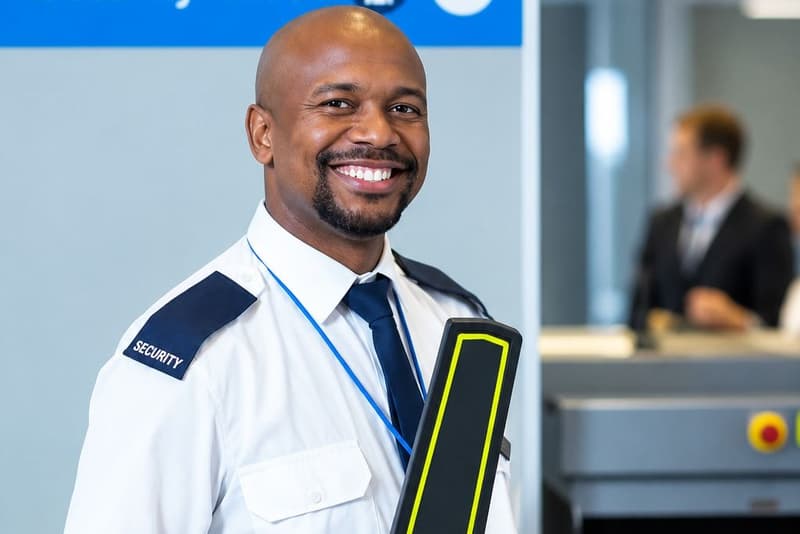 Un agent de sécurité en uniforme, détecteur à la main, à un poste de contrôle.